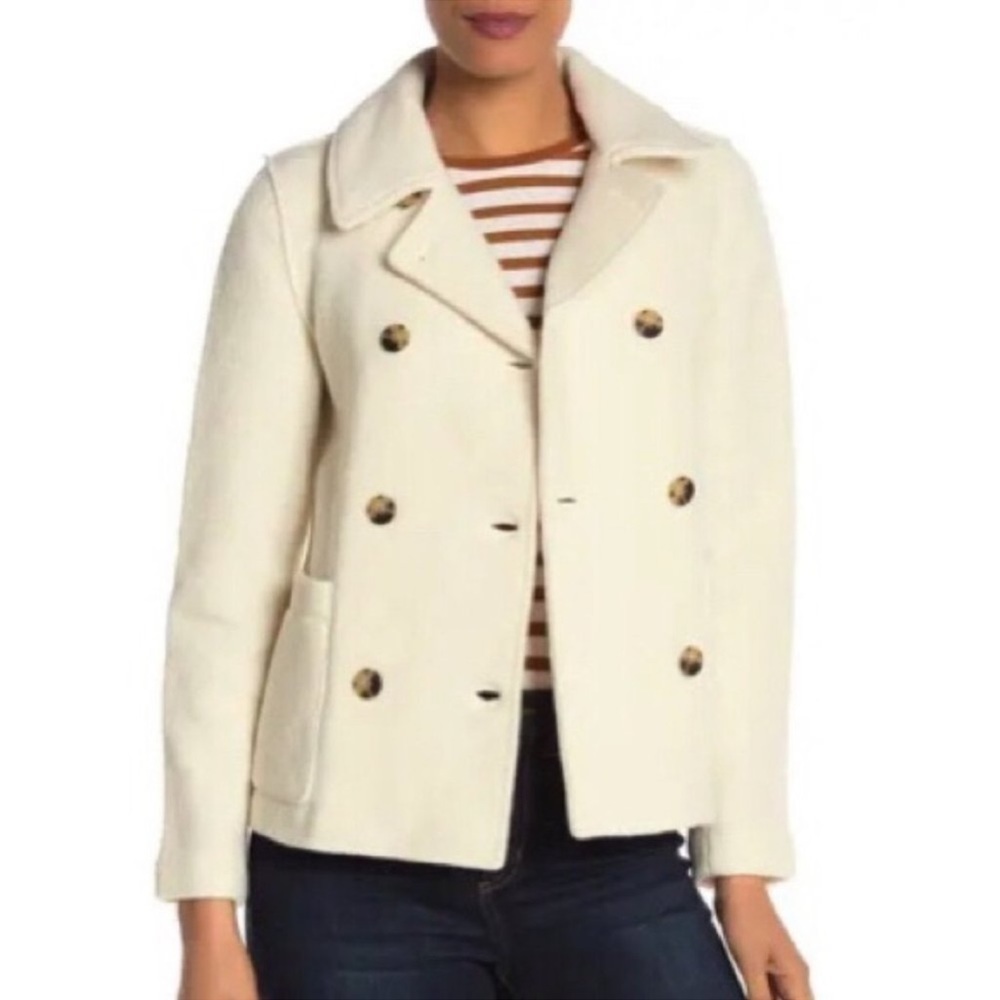 J Crew Women’s Wool Ivory Stadium Double Breasted Patch Pocket PeaCoat SZ 14 - Picture 1 of 9